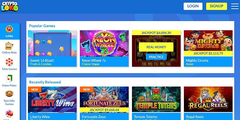 Crypto Loko crypto casino lobby