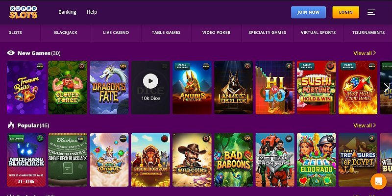 Super Slots crypto casino lobby