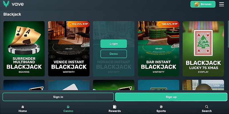 Vave crypto casino lobby