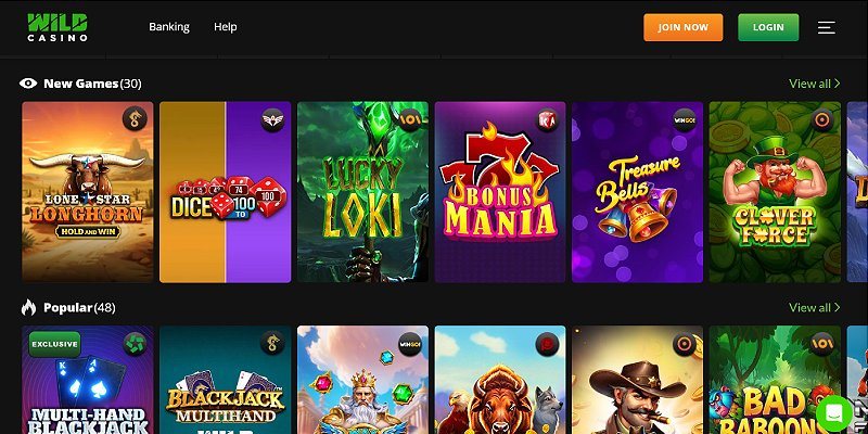 Wild Casino crypto casino lobby